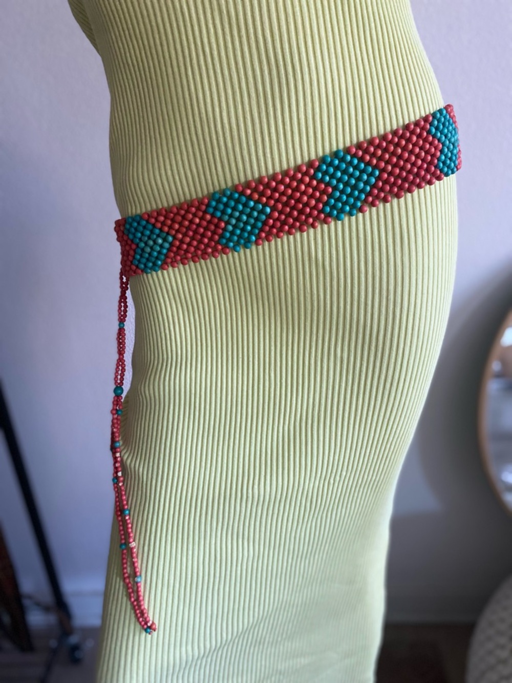 Vintage hand crafted woodBeaded Heart Pattern Waist jewelry Belt in Coral & Teal